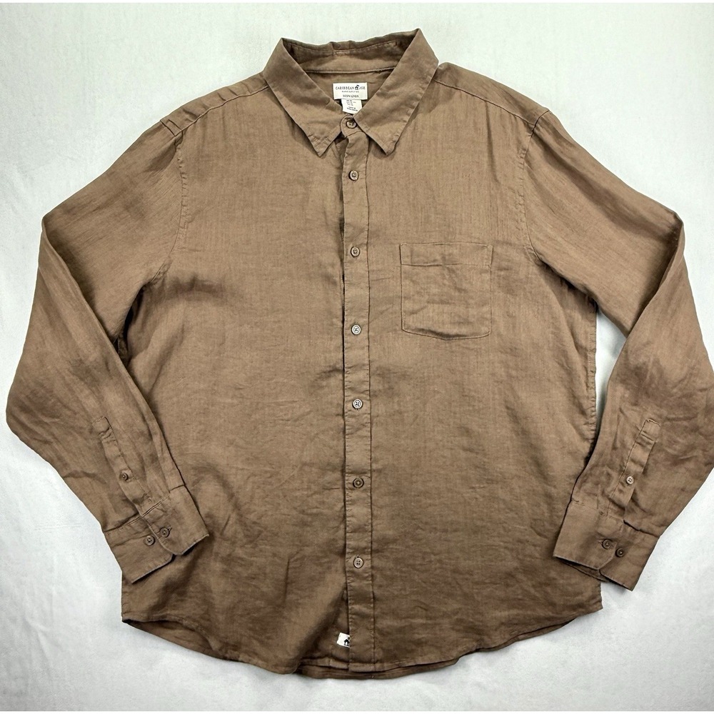 Caribbean Joe 100% Linen Shirt Men XL Brown Long Sleeve Button Front Wedding NWT